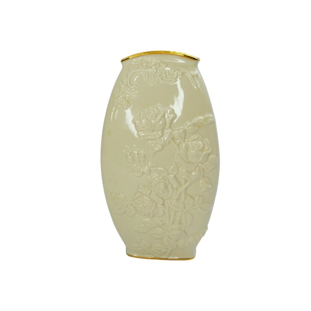 Lenox Masterpiece Embossed Roses Ivory Porcelain Vase With 24K Gold Trim 8"